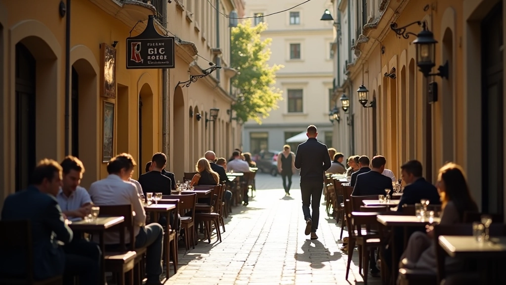 Pavėšio kupinoj Vilniaus senamiesčio alėjoj žmonės sėdi prie staliuko ir geria kavą