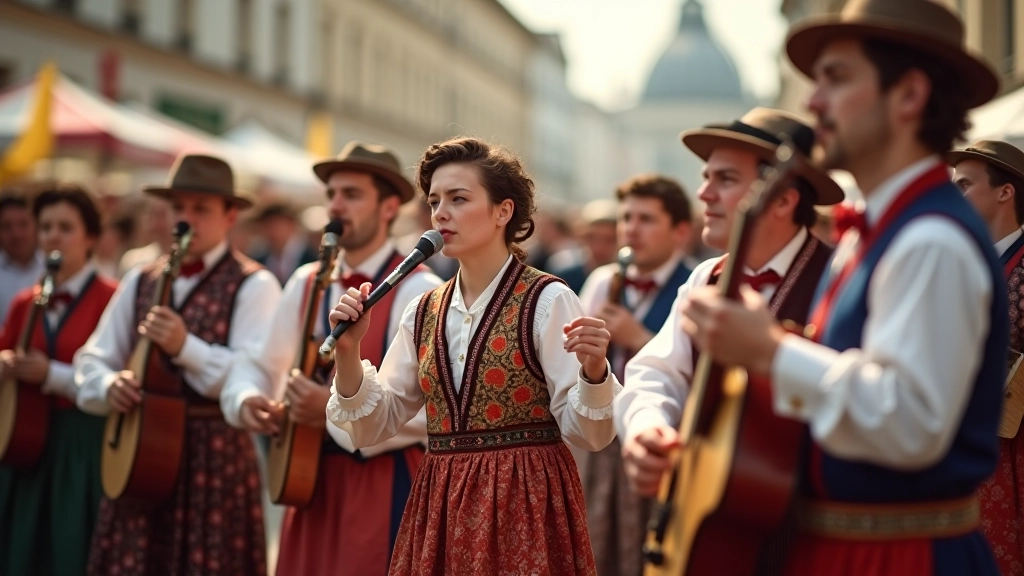Tradiciniu lietuviu drabužiais aprengti zmonai groja muzika Vilniaus turgavieteje, kurioje susirenka svente ir kultura